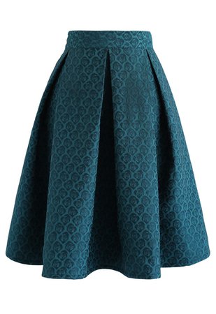 Turquoise Rose Jacquard Pleated Midi Skirt - Retro, Indie and Unique Fashion