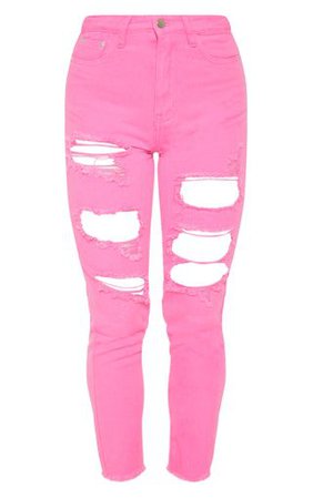Bright Pink Extreme Distressed Mom Jeans | PrettyLittleThing