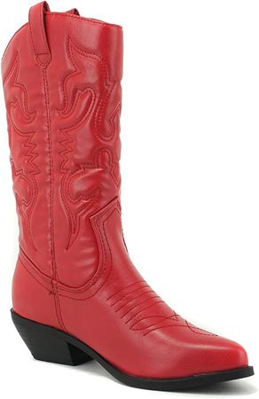 Amazon.com | Soda Women Cowgirl Cowboy Western Stitched Boots Pointy Toe Knee High Reno,Red,8 | Boots