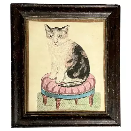 19th Century American Folk Art Watercolor Cat Painting For Sale at 1stDibs