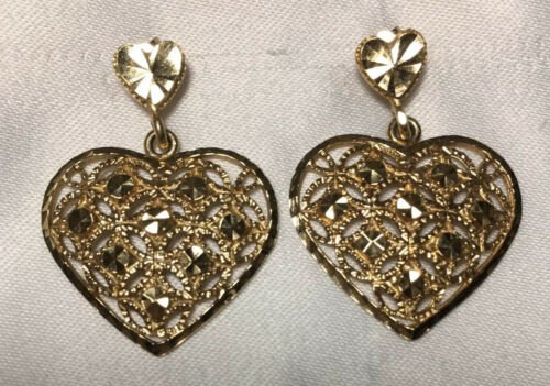 14K Beverly Hills Gold Large Diamond Cut Filigree Heart Earrings Vintage 90's 1” | eBay