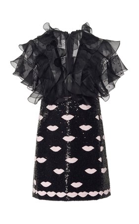 Giambattista Valli Ruffled Sequin Lips Print Mini Dress
