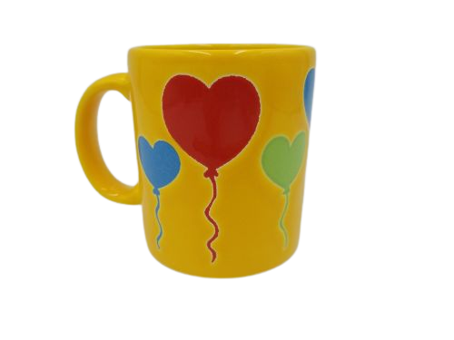 Vintage Waechtersbach Spain Coffee Mug Yellow w/Colorful Heart Balloons