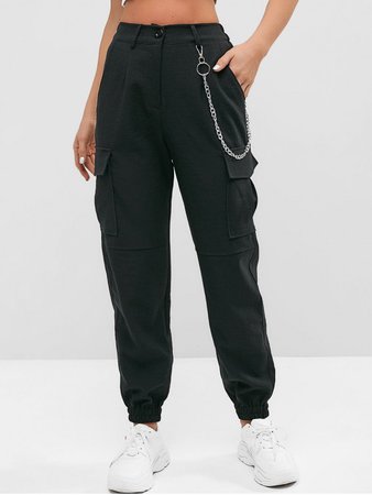 [38% OFF] [HOT] 2020 Flap Pockets Chain Jogger Pants In BLACK | ZAFUL