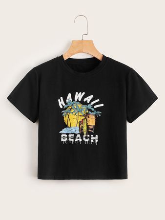 Tropical & Letter Print Tee | ROMWE