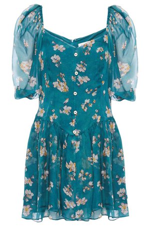 Teal Gathered floral-print silk-voile mini dress | Sale up to 70% off | THE OUTNET | CAROLINE CONSTAS | THE OUTNET