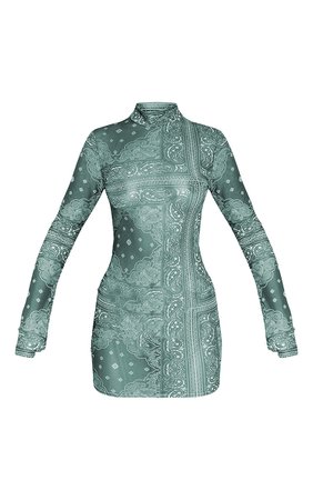 Green Paisley Printed Mesh Bodycon Dress | PrettyLittleThing USA