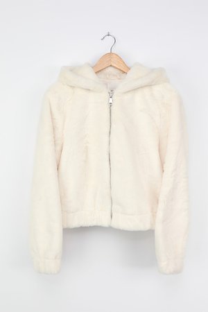 Avec Les Filles - Cream Faux Fur Hoodie - Zip Front Hooded Coat