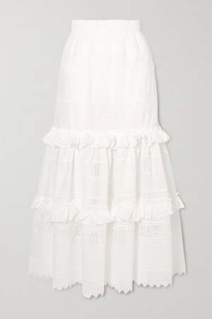 Venus Ruffled Guipure Lace-trimmed Voile Maxi Skirt - White