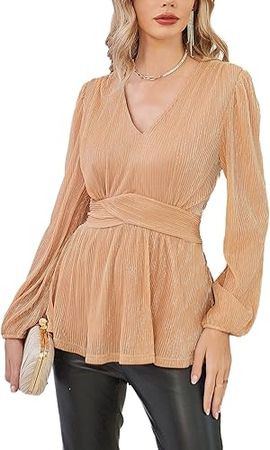 Amazon.com: GRACE KARIN Women's Sequin Tops V-Neck Waist Pleat Blouse Lantern Sleeves Sparkly Peplum Tops : Clothing, Shoes & Jewelry