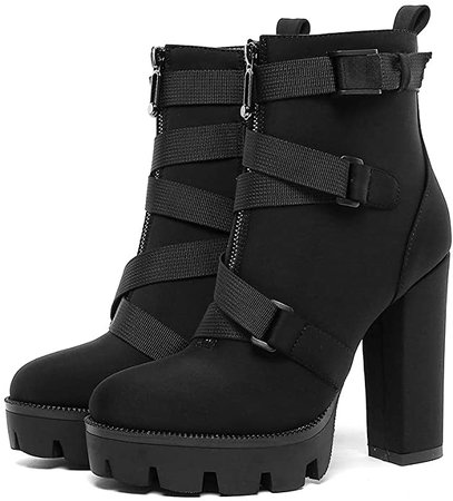 DETOGNI Women's Fashion Thick Heeled Boots with Buckle Platform Square High Heels Black Lycra Winter/Spring/Autumn Black Ankle Worker Boots