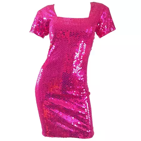 Sexy 1990s Hot Pink Fully Sequined Fuchsia Bodycon Vintage 90s Mini Dress For Sale at 1stDibs | hot pink sequin dress, hot pink sequin gown, pink 90s dress