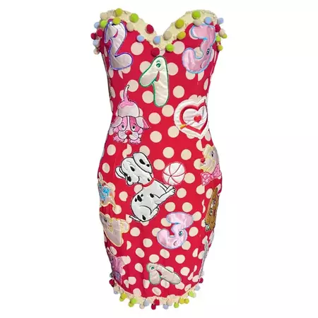 1988 Moschino "Kiss My Patch" Embroidered Strapless Polka Dot Dress For Sale at 1stDibs