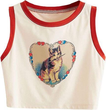 SOLY HUX Women's Plus Size Cat Print Graphic Sleeveless Crop Tank Top Beige 0XL at Amazon Women’s Clothing store