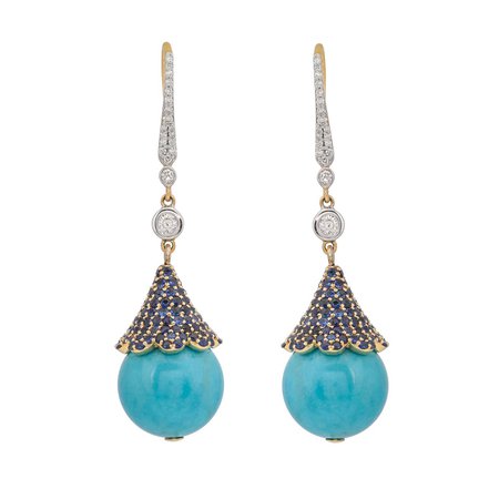 30.10 Carats Turquoise Blue Sapphire and Diamond 18KT Yellow Gold Earrings For Sale at 1stDibs