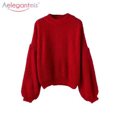 2019 Aelegantmis Loose Knitting Red Sweater Women Knitted Pullovers Puff Sleeve Sweater Female Autumn Winter Knitwear Casual Jumper From Easme, $28.77 | DHgate.Com