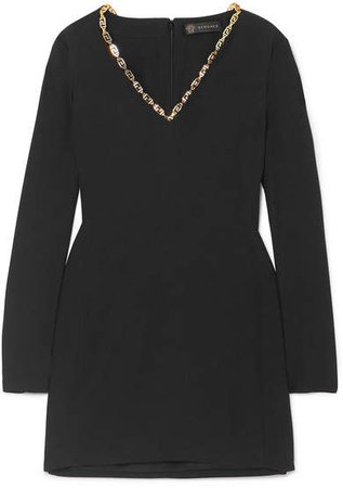 Embellished Crepe Mini Dress - Black