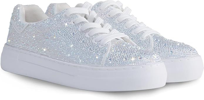 Amazon.com | Sparkle Rhinestone Sneakers for Women Bling Sneakers Rhinestone Sneakers White Shoe Glitter Fashion Bedazzled Rhinestones Platform Tennis Shoes Bride Sequin Wedding and Party Trendy Shoe | Shoes