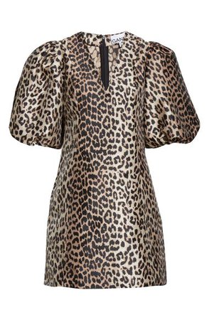 Ganni Leopard Jacquard Puff Sleeve Minidress | Nordstrom