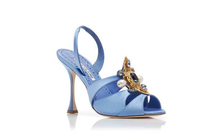 MANOLO BLAHNIK, TURGO  Light Blue Satin Slingback Sandals