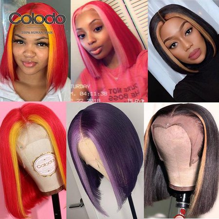 COLODO Transparent Lace Wigs Brazilian Remy 13x6 Bob Lace Front Wigs Pre Plucked Red Purple Orange Highlight Wig for Women|Human Hair Lace Wigs| - AliExpress