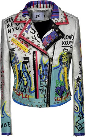 SX Women's Punk Floral Embroidered Faux Leather Moto PU Jacket Coat at Amazon Women's Coats Shop