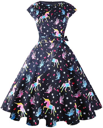 PUKAVT Women's 1950 Boatneck Cap Sleeve Vintage Swing Cocktail Party Dress with Pockets Unicorn 2XL at Amazon Women’s Clothing store