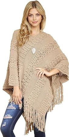 MYS Collection Classic Soft Knit Poncho Shawl Wrap - Basic Warm Pullover Fringe Tassel Sweater Crochet, Plain V-Neck, Turtleneck (Crochet - Beige) at Amazon Women’s Clothing store