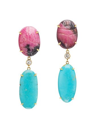 Jenna Blake 18K Yellow Gold, Diamond, Turquoise & Pink Scarab Drop Earrings | SaksFifthAvenue