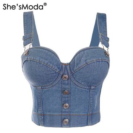 Online Shop She'sModa Denim Jeans Women's Button Bustier Bra Night Club Party Cropped Top Vest Plus Size | Aliexpress Mobile