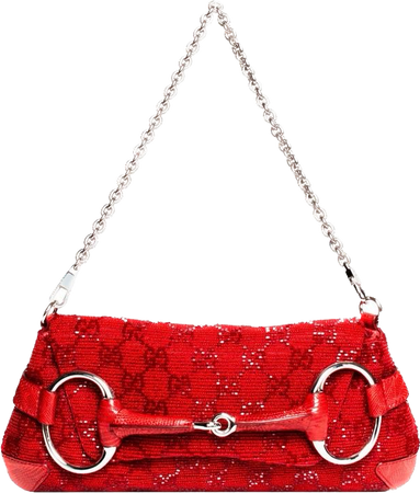 gucci by tom ford monogram beaded red baguette bag with red lizard horse-bit detailing and convertible chain
