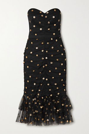 Black Strapless ruched polka-dot sequined tulle midi dress | Marchesa Notte | NET-A-PORTER