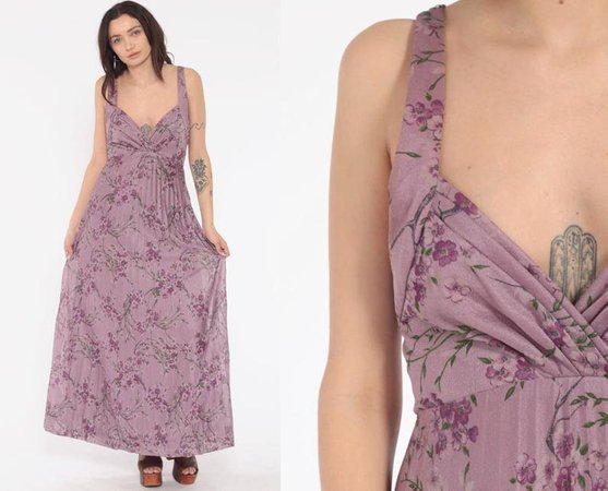 Purple Floral Maxi Dress 70s Boho PLUNGING Deep V Neck Halter | Etsy