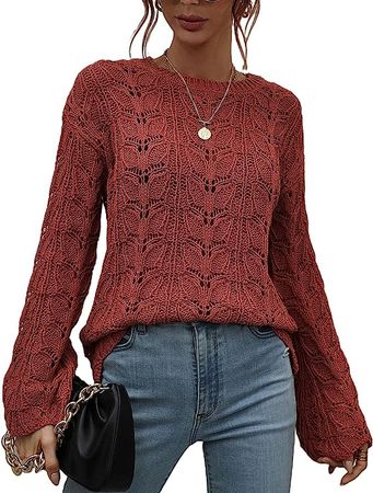 Women Solid Crochet Top Bell Sleeve Crewneck Knit Shirt Hollow Out Loose Fit Pullover Sweaters Blouse Tops at Amazon Women’s Clothing store