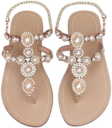Amazon.com | Mayou Women's Rhinestone Flat Sandals, Women Flip Flops with Beadeed Rhinestone Crystal Jeweled Sandal Shoes for Summer Beach Oceanside Holiday Outdoor (5.5 M US, Nude) | Flats