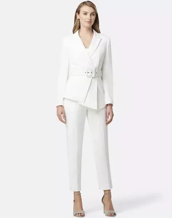 Tahari ASL Pebble Crepe Asymmetric Pleat Hem Belted Jacket 2-Piece Pant Suit, Womens, 18, Ivory | Google Shopping