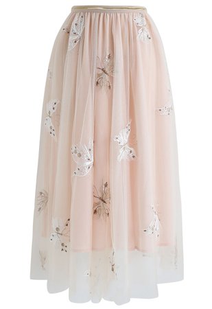 Chic Wish Butterfly Embroidered Double-Layered Mesh Midi Skirt - Retro, Indie and Unique Fashion