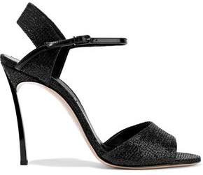 Patent Leather-trimmed Glittered Woven Sandals