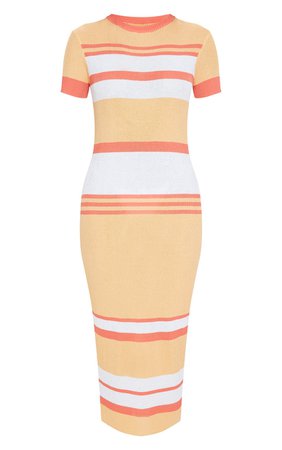 Nude Stripe Fine Knit Bodycon Midi Dress | PrettyLittleThing USA