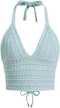 SOLY HUX Womens Crochet Halter Crop Tops Summer Sexy Knitted V Neck Sleeveless Camisole Y2K Top Solid Beige Large at Amazon Women’s Clothing store