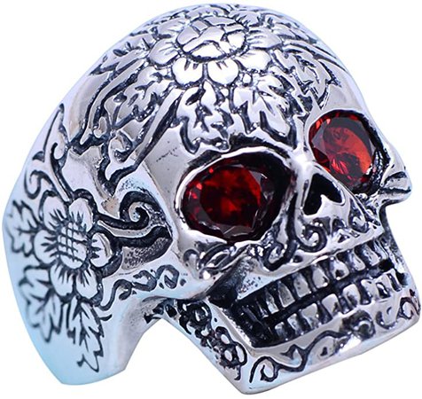 Gothic Punk 925 Sterling Silver Black Sugar Skull Head Ring Jewelry with Red Garnet: Amazon.co.uk: Jewellery