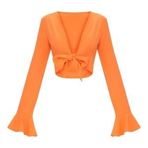 PrettyLittleThing Tops | Orange Tie Front Frill Sleeve Blouse Crop Top | Poshmark