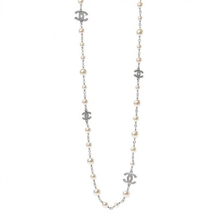 CHANEL Graduated Pearl Crystal CC Long Necklace Silver 622217