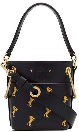 navy blue and yellow roy horse embroidered mini leather bag