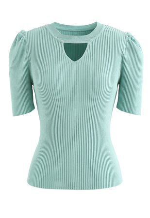 Triangle Cutout Short Sleeve Knit Top in Mint - Retro, Indie and Unique Fashion