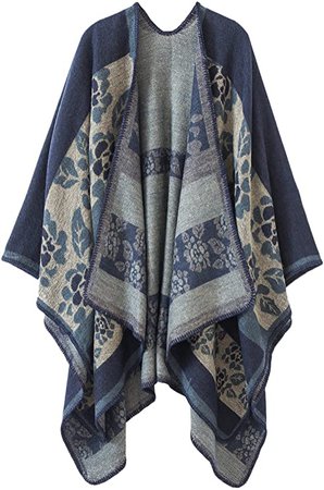 Urban CoCo Women's Color Block Shawl Wrap Open Front Poncho Cape (blue-series 3) at Amazon Women’s Clothing store