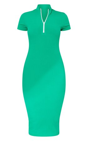 Bright Green Contrast Zip Rib Midaxi Dress | PrettyLittleThing USA