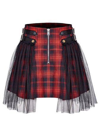 skirt goth black red pleated plaid mini skirt tulle
