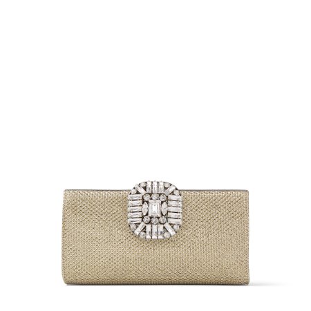 JIMMY CHOO, LEONIS Champagne Metallic Fabric Clutch Bag with Crystal Clasp