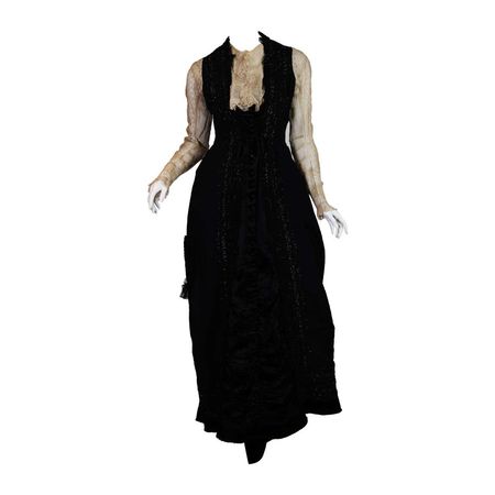 Victorian Black and White Haute Couture Silk Organdy 1880S Bustle Dress With Beads For Sale at 1stDibs